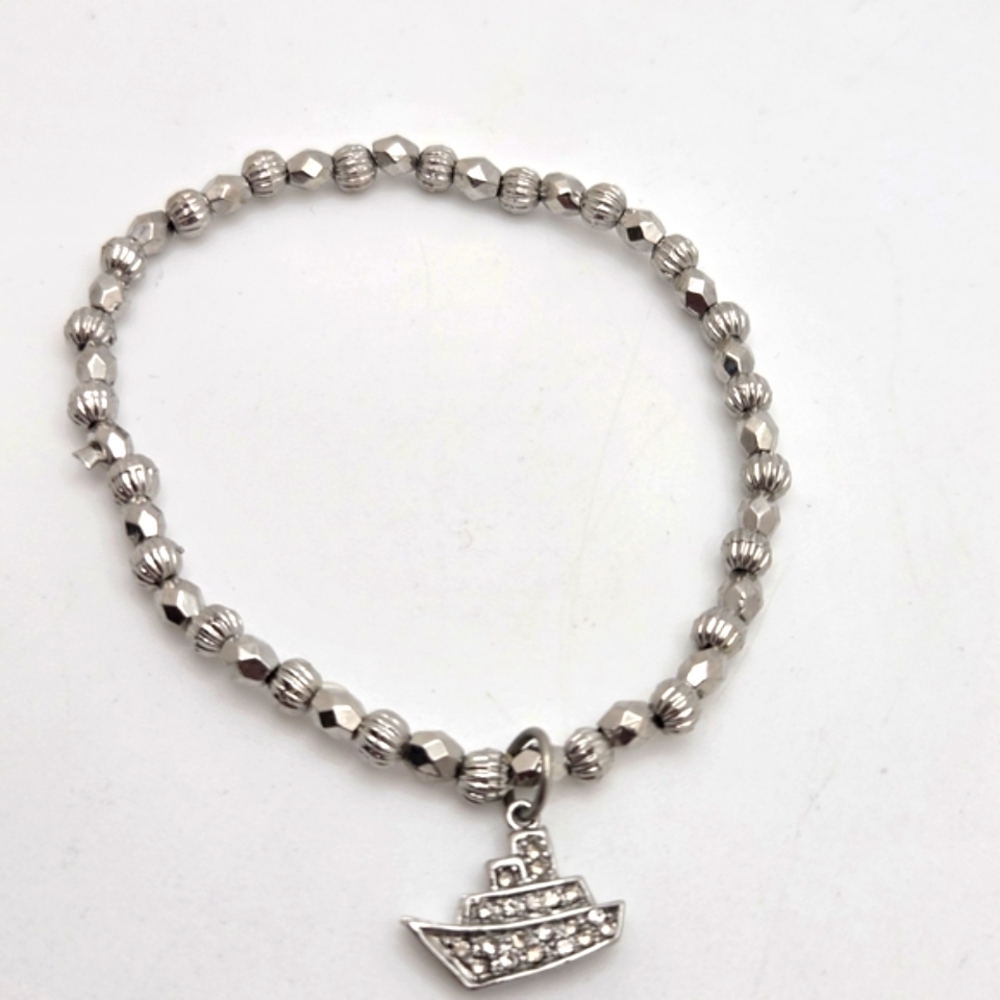 Sterling Silver Beaded Bracelet with Boat Charm